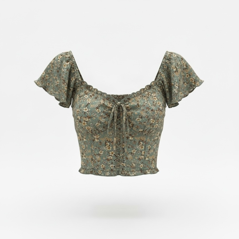 BOG Collective Women's Blue Floral Crop Top Large Ruffles Boho Corset Coquette